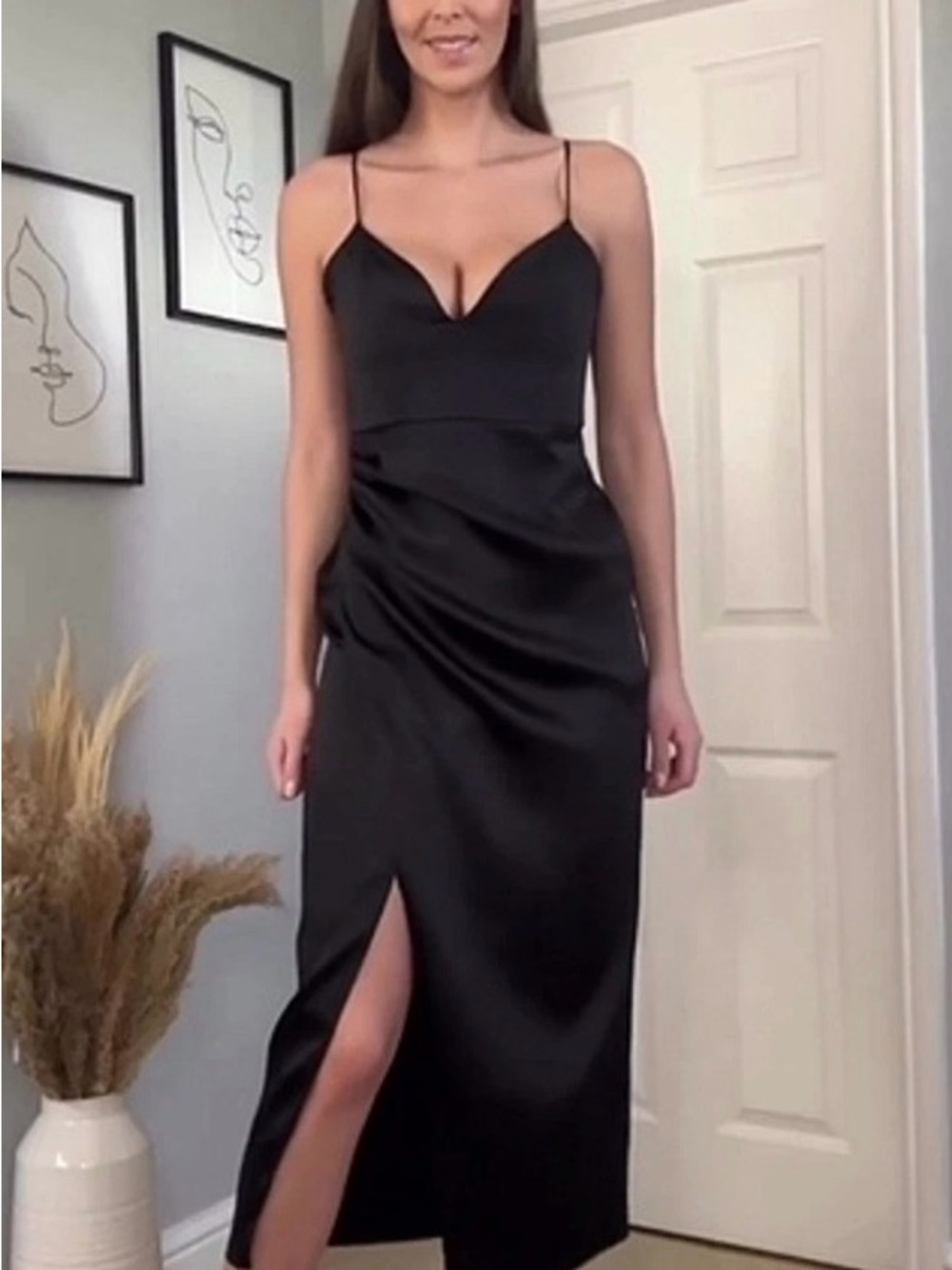 ZARA Black Satin Slip Dress with Side Slit SIZE S